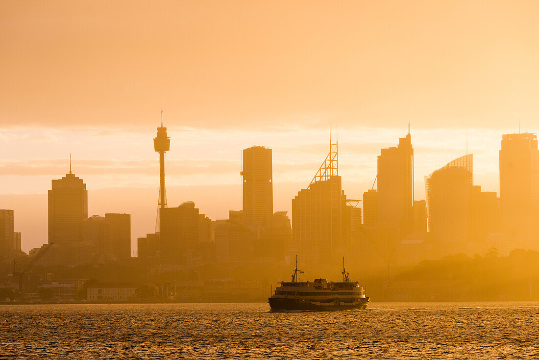 Sydney city skyline looking towards the sun with ferry, Sydney, New South Wales, Australia, Pacific