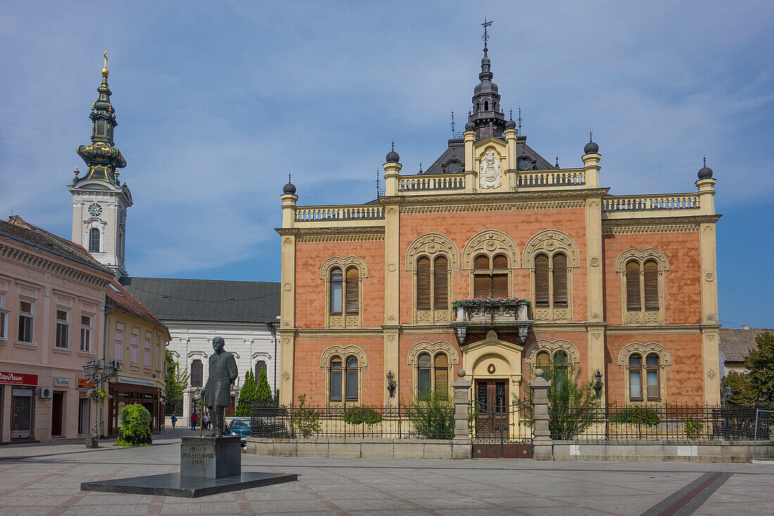 Bishop's Palace, Zmaj statue and Orthodox Cathedral, Novi Sad, Vojvodina, Serbia, Europe