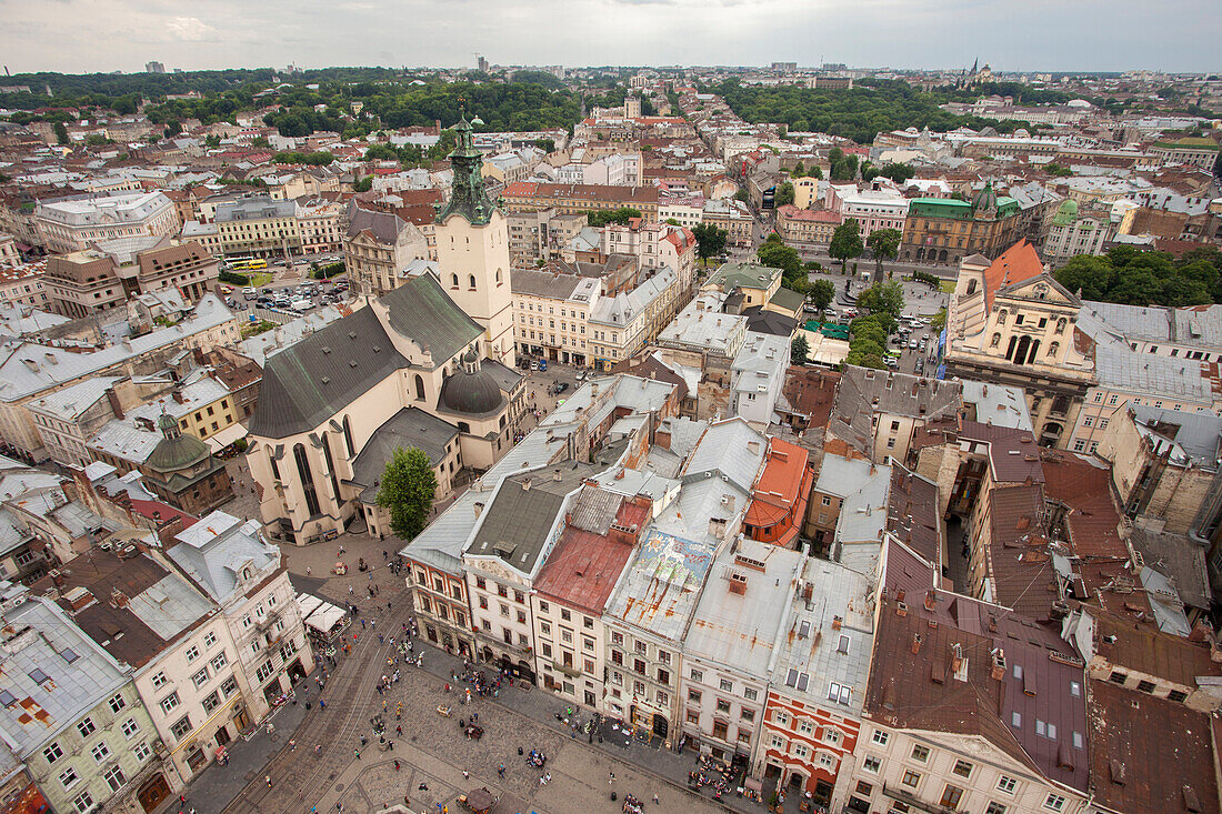 View of old town from top of City Hall Tower, UNESCO World Heritage Site, Lviv, Ukraine, Europe