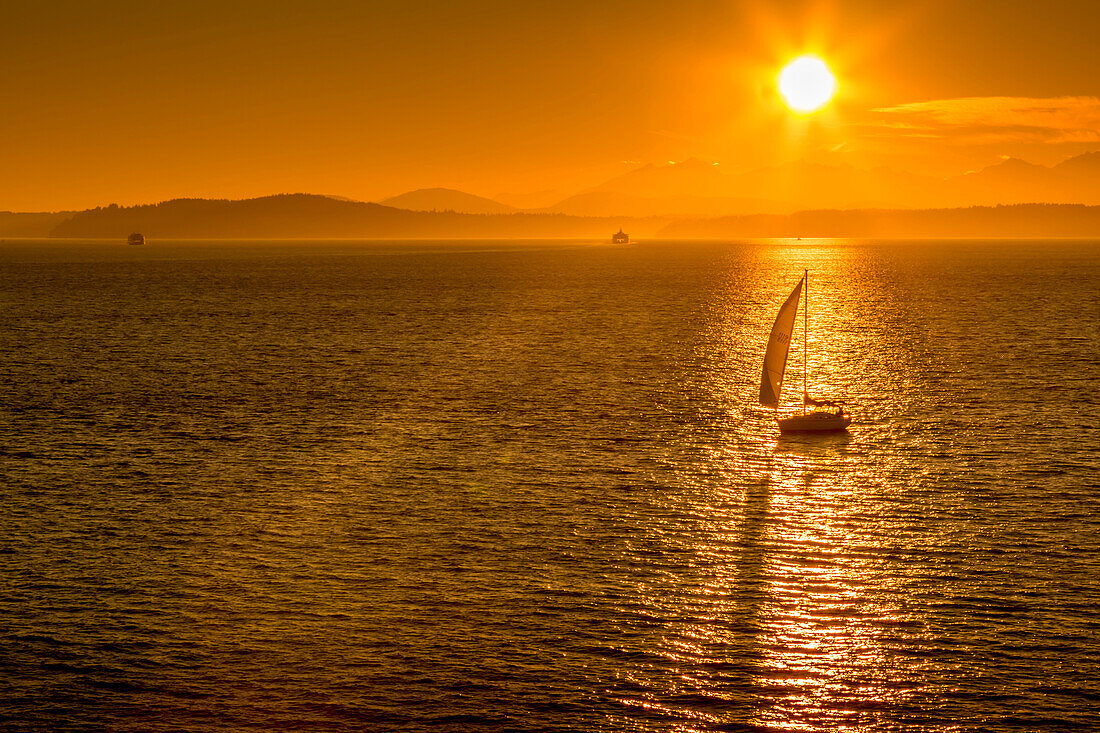 Sailing boat and sunset over Elliott Bay with Bainbridge Island visible on the horizon viewed from Bell Harbour Marina. Seattle, Washington State, United States of America, North America