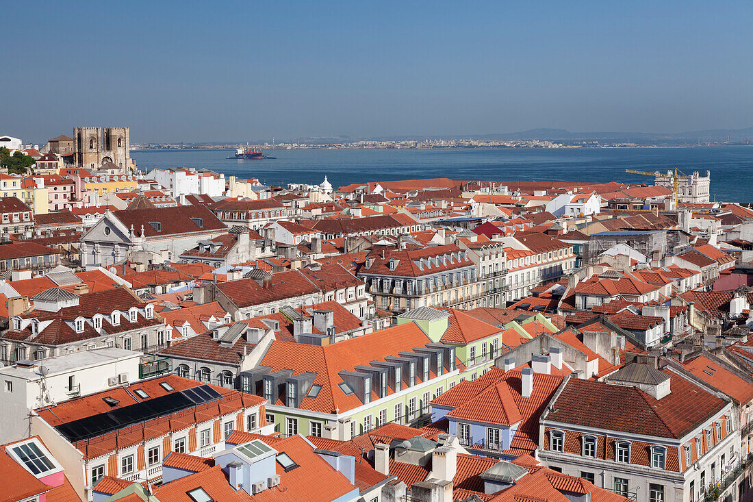 View over the old town to Se Cathedral and Tejo River, Lisbon, Portugal, Europe
