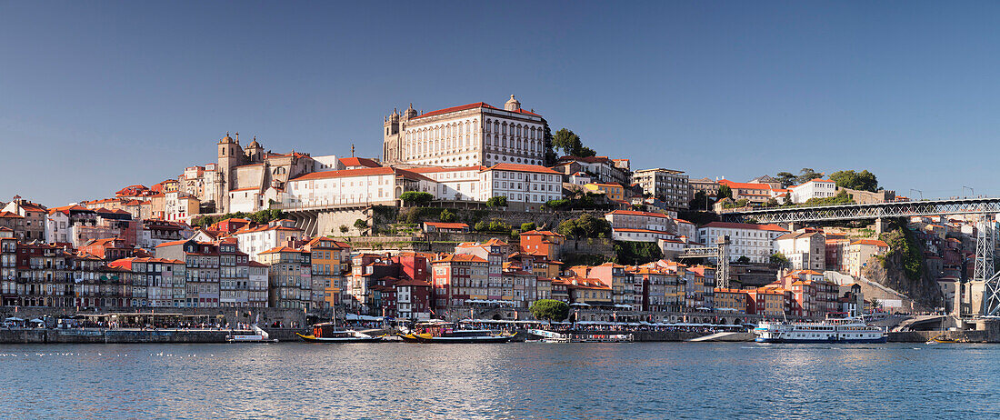 View over Douro River to Ribeira District, UNESCO World Heritage Site, Se Cathedral, Porto (Oporto), Portugal, Europe