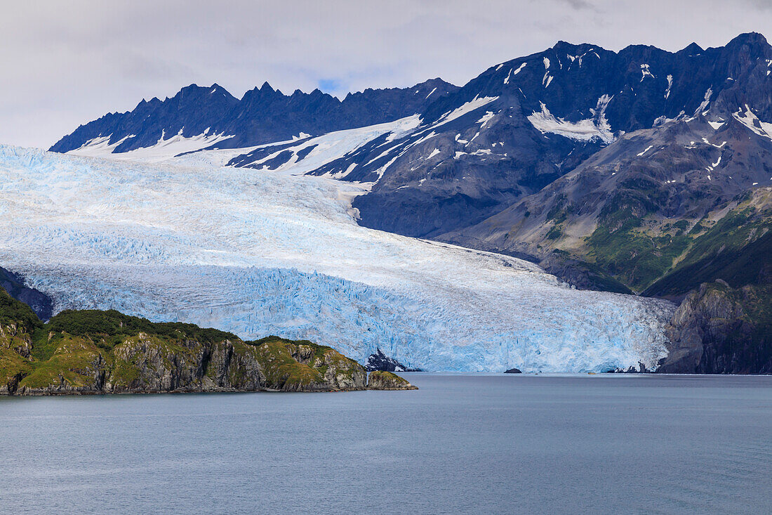 Aialik Glacier, mountains, island and blue ice, Harding Icefield, Kenai Fjords National Park, near Seward, Alaska, United States of America, North America