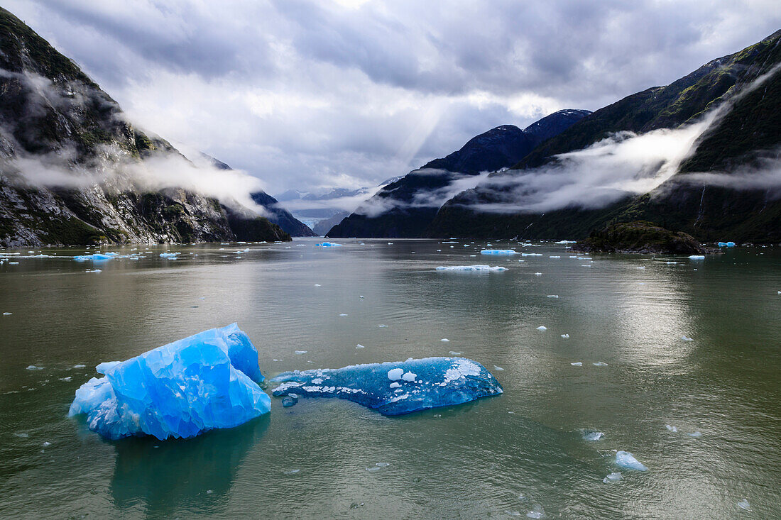 Spectacular Tracy Arm Fjord, brilliant blue icebergs and backlit clearing mist, mountains and South Sawyer Glacier, Alaska, United States of America, North America