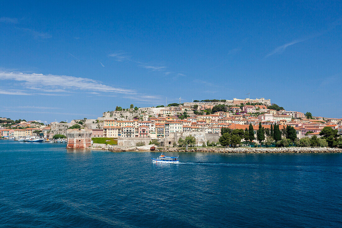 Historical Torre Della Linguella overlooking sea, Portoferraio, Elba Island, Livorno Province, Tuscany, Italy, Europe