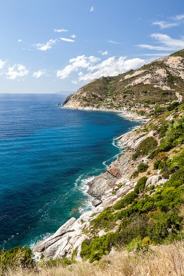 Cliffs on the blue sea, Pomonte, Marciana, Elba Island, Livorno Province, Tuscany, Italy, Europe