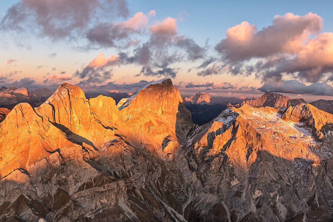 Aerial view of Marmolada, Gran Vernel, Sasso Vernale and Cima Ombretta, Dolomites, Trentino-Alto Adige, Italy, Europe