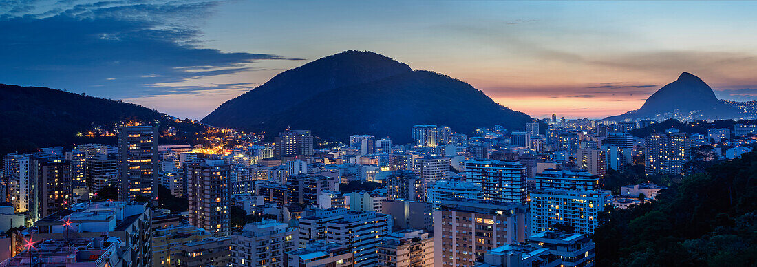Botafogo and Humaita Neighbourhoods at twilight, elevated view, Rio de Janeiro, Brazil, South America
