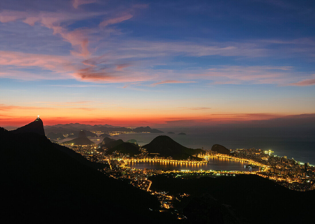 View towards Lagoa Neighbourhood from Tijuca Forest National Park at dawn, Rio de Janeiro, Brazil, South America