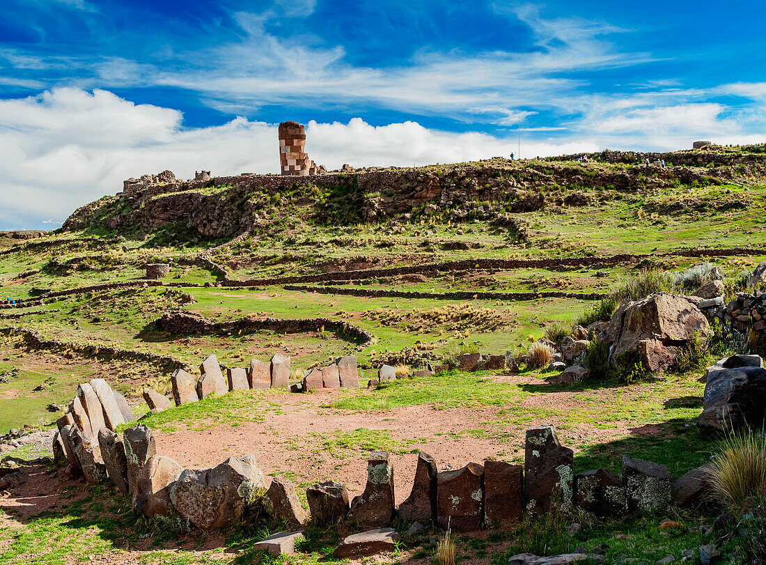 Stone Circle and Chullpa in Sillustani, Puno Region, Peru, South America