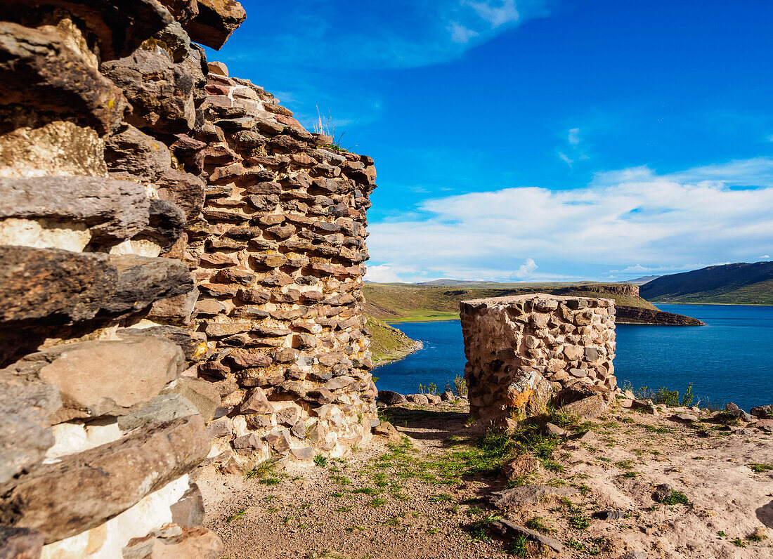 Chullpas by the Lake Umayo in Sillustani, Puno Region, Peru, South America