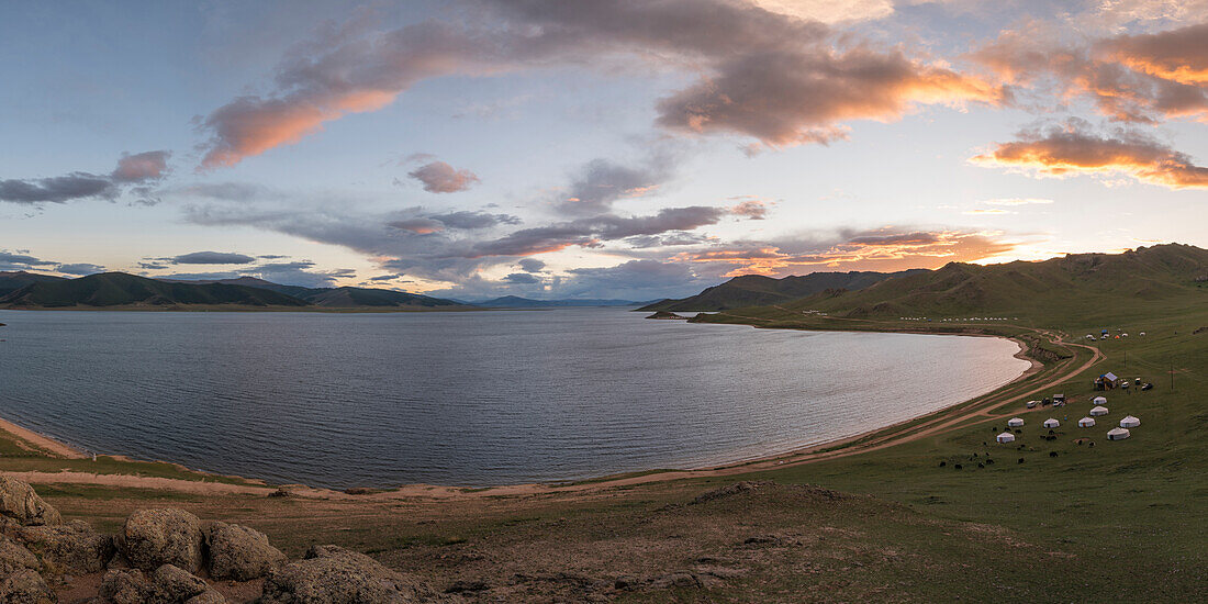 Sunset over White Lake, Tariat district, North Hangay province, Mongolia, Central Asia, Asia