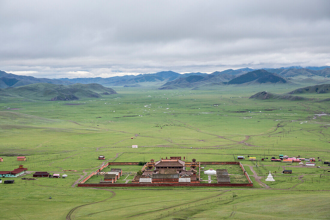 View of Amarbayasgalant Monastery from above, Mount Buren-Khaan, Baruunburen district, Selenge province, Mongolia, Central Asia, Asia