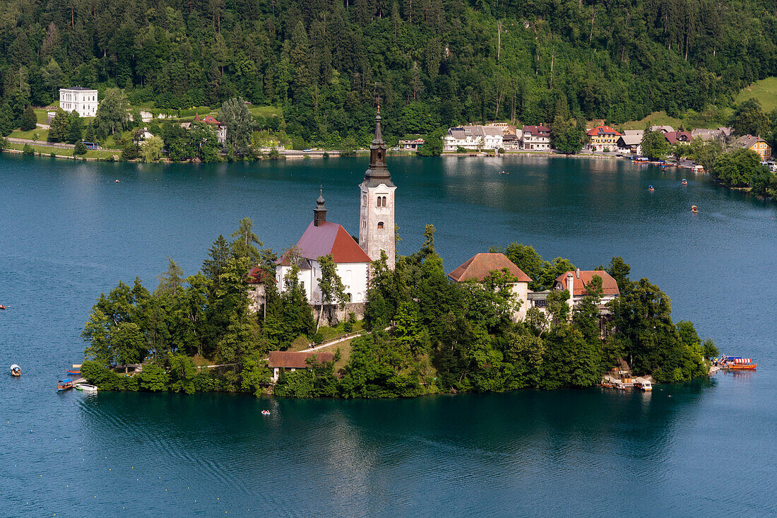 A view from above of Lake Bled and the Assumption of Mary Pilgrimage Church, Slovenia, Europe