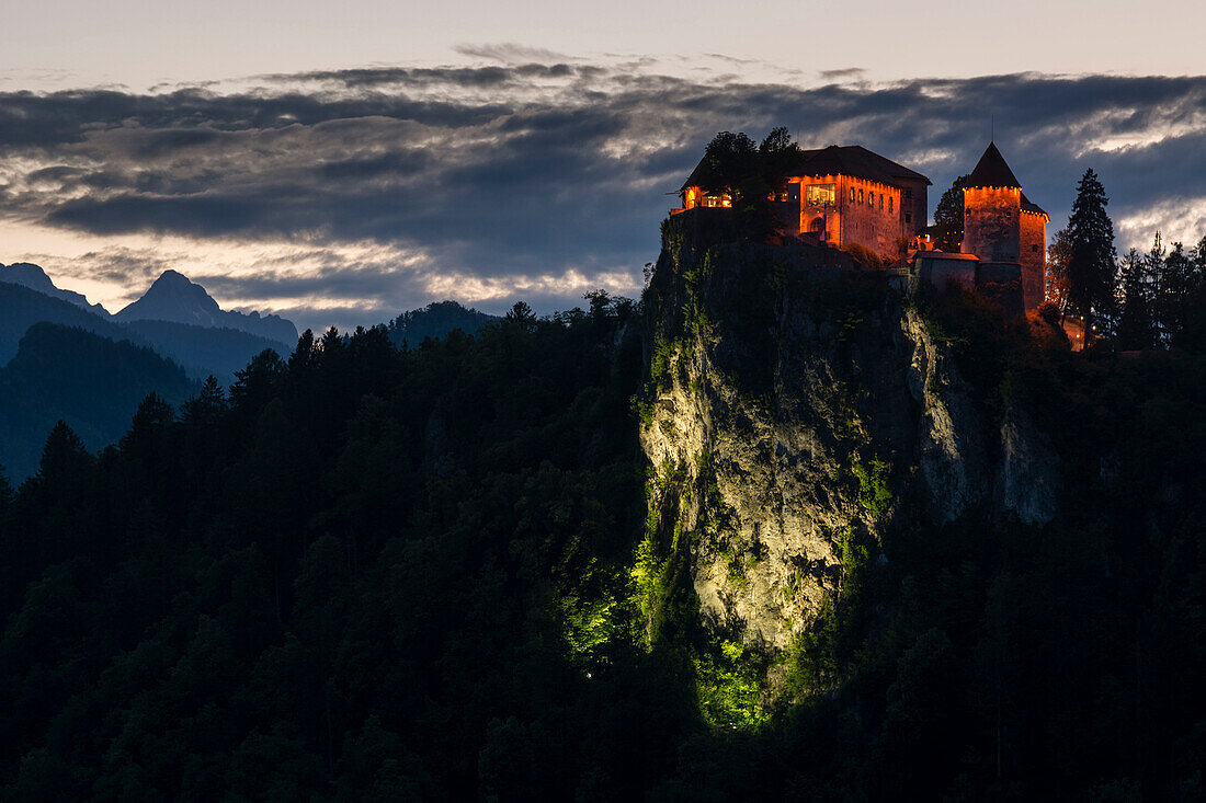 A view of Bled Castle at night, Bled, Slovenia, Europe