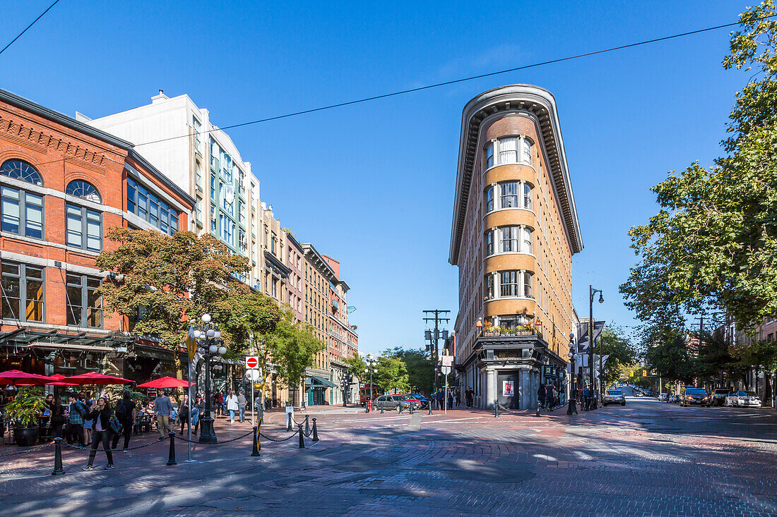 Architecture and cafe bar in Maple Tree Square in Gastown, Vancouver, British Columbia, Canada, North America