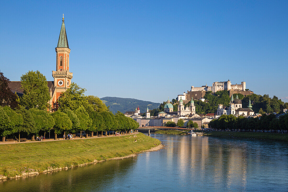 View of the Protestant Church of Christ, Salzach River and Hohensalzburg Castle, Salzburg, Austria, Europe