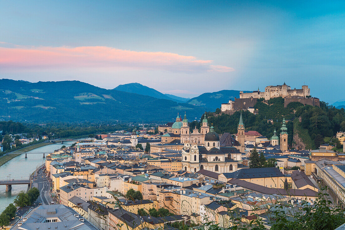 View of Salzach River and Hohensalzburg Castle above The Old City, Salzburg, Austria, Europe