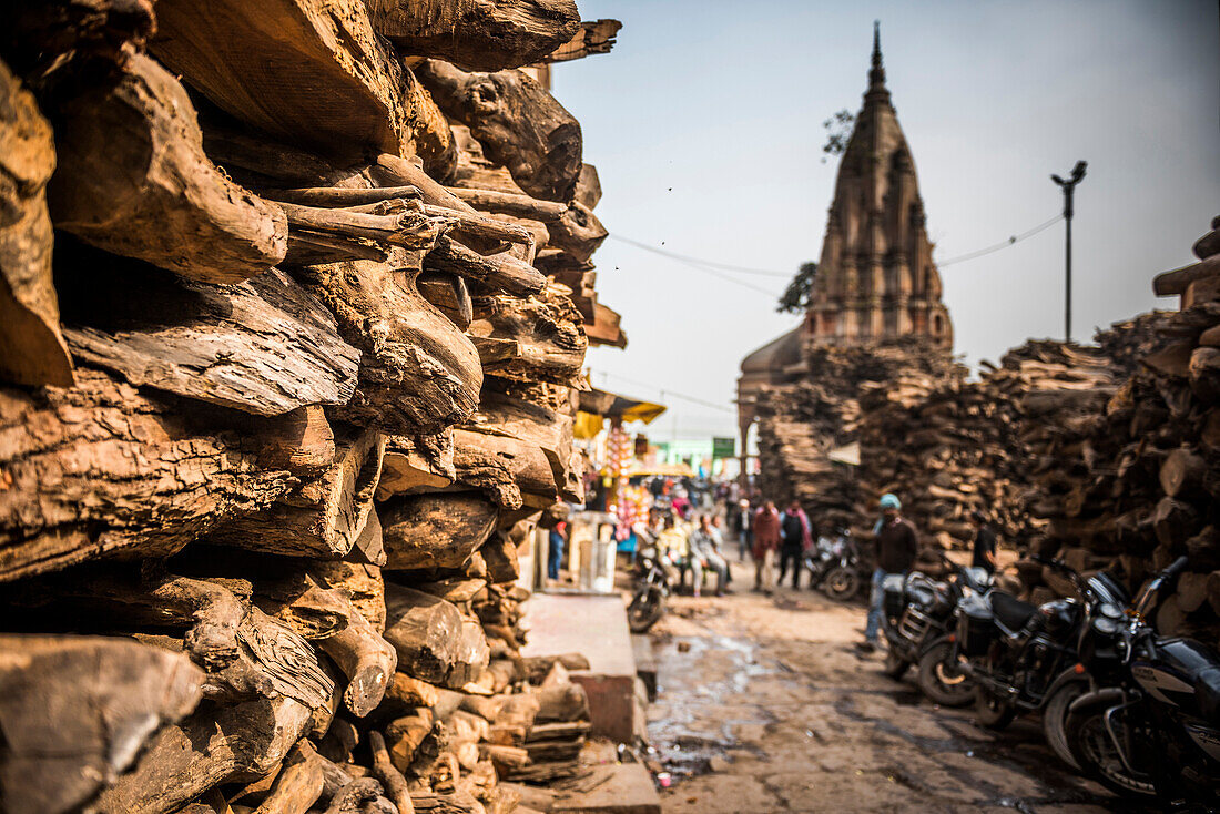 Wood for cremation at the burning ghats, Varanasi, Uttar Pradesh, India, Asia