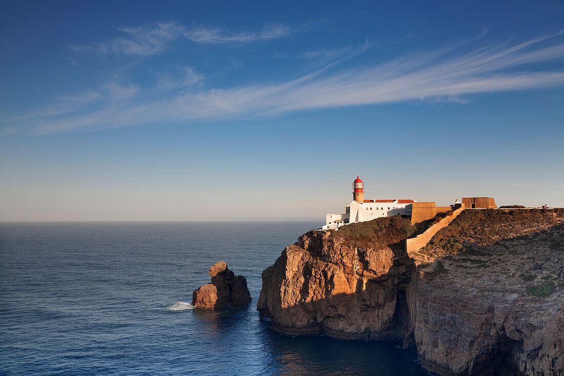 Lighthouse at Cabo de Sao Vicente at sunrise, Sagres, Algarve, Portugal, Europe
