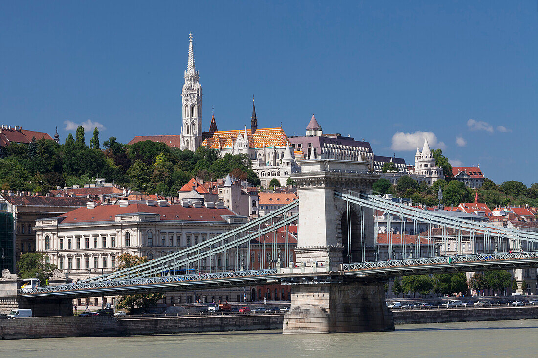 Chain Bridge, Matthias church and Fisherman's bastion on castle hill, UNESCO World Heritage Site, Budapest, Hungary, Europe