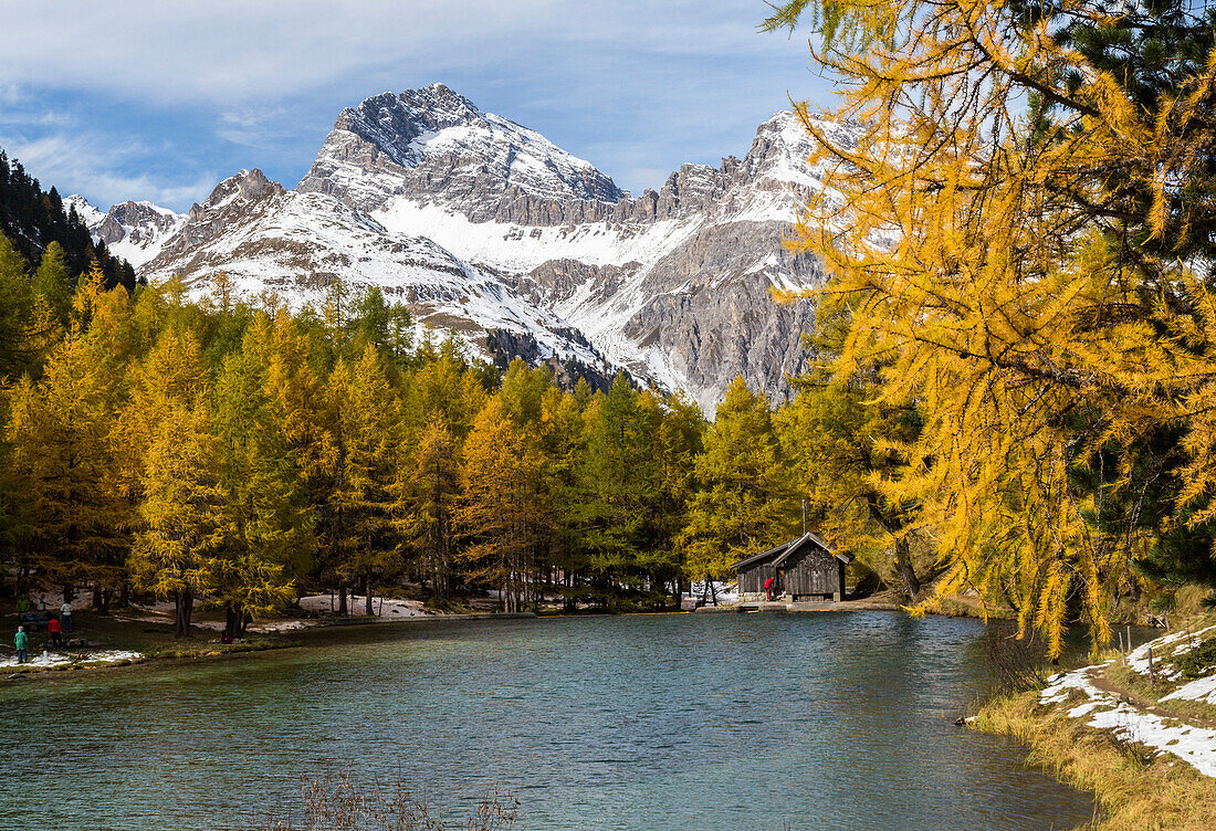 Wood hut on the shore of Lai da Palpuogna (Palpuognasee), Bergun, Albula Pass, Canton of Graubunden (Grisons), Switzerland, Europe