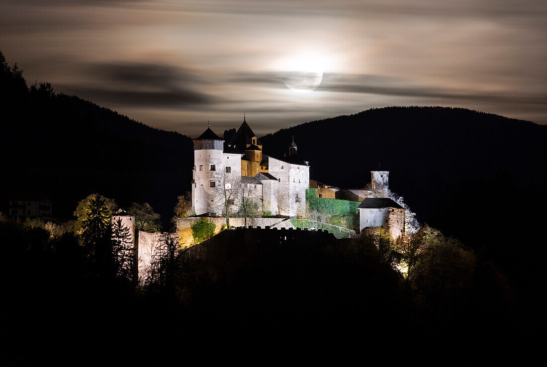 Full moon on Prosels Castle, Fie allo Sciliar, Seiser Alm, South Tyrol, Bolzano province, Italy, Europe