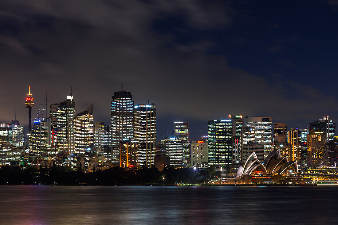 Panoramic views of Sydney city at dusk including the Opera house, Sydney, New South Wales, Australia, Pacific