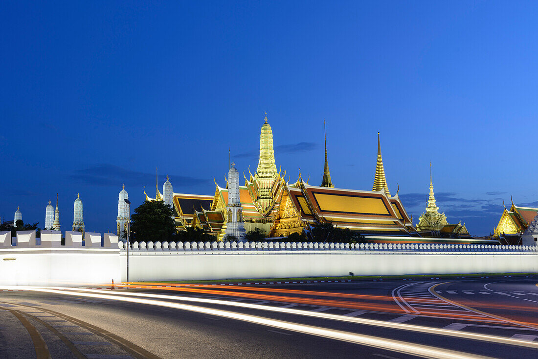 View of the Grand Palace at dusk with light trails, Bangkok, Thailand, Southeast Asia, Asia