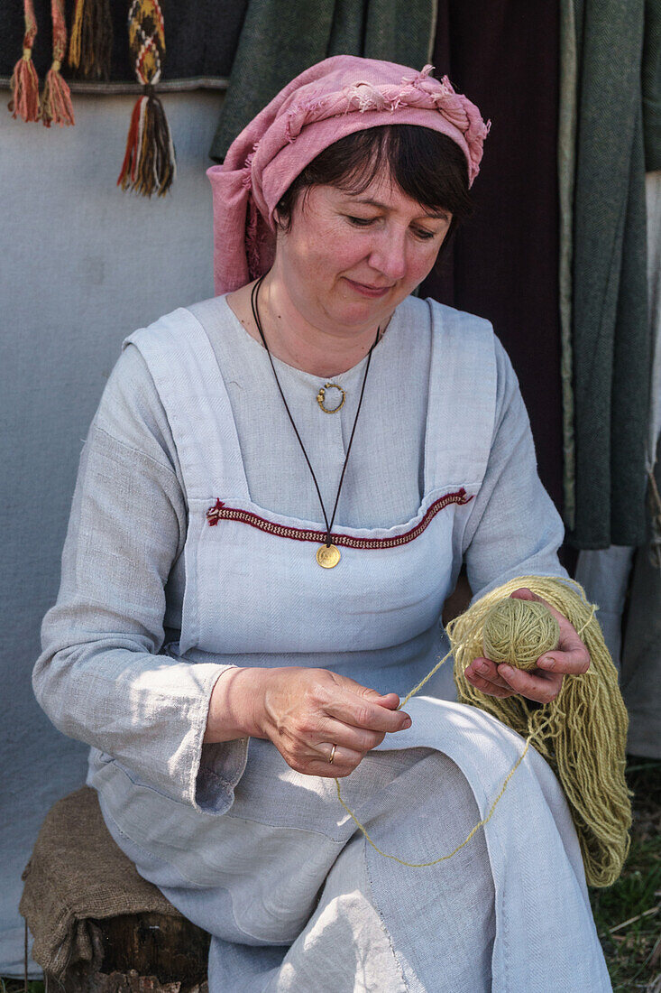 Weaver from Belarus at the International Festival of Experimental Archaeology, Kernave, Lithuania, Europe