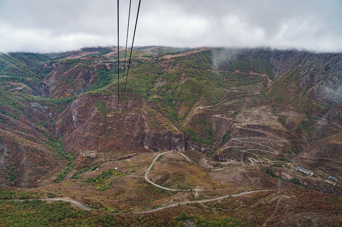 Aerial view from one of the world's longest (6 km) aerial tramways, Tatev, Armenia, Central Asia, Asia