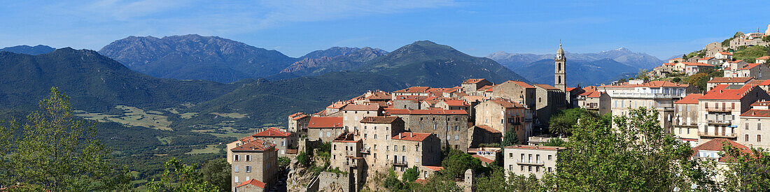 Sartene, panoramic view of town with mountains behind, Corsica, France, Europe