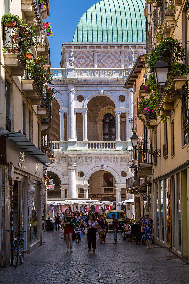 Palladian Basilica viewed from narrow street, Vicenza, Veneto, Italy, Europe