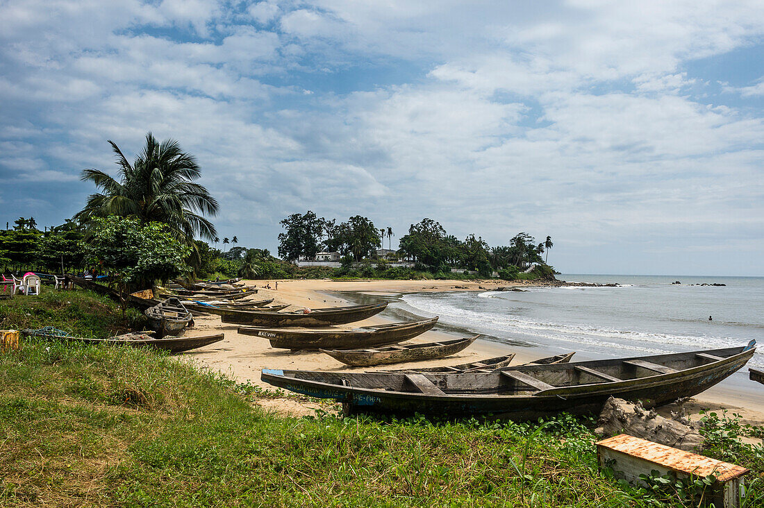 Fishing boats on the beach of Kribi, Cameroon, Africa