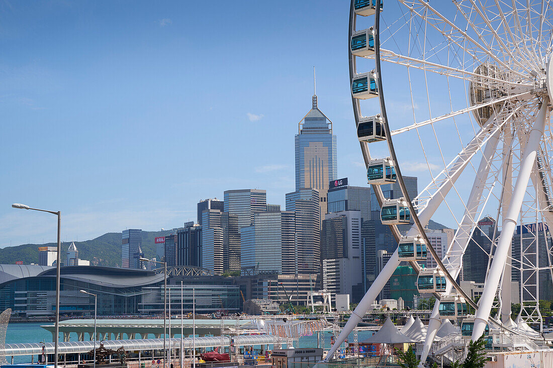 The Hong Kong Observation Wheel, Victoria Harbour, with the International Convention Centre, Hong Kong Island beyond, Hong Kong, China, Asia