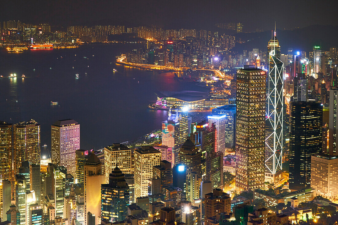 City skyline viewed from Victoria Peak by night, Hong Kong, China, Asia