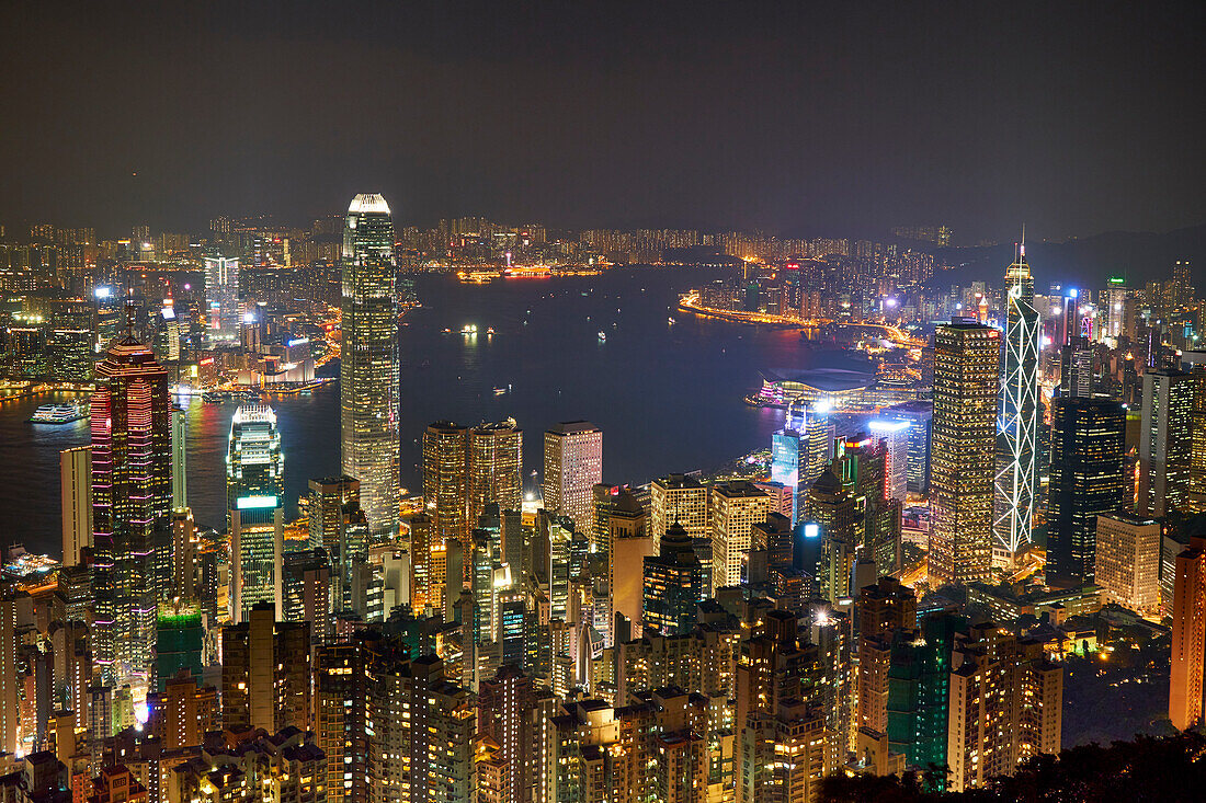 City skyline viewed from Victoria Peak by night, Hong Kong, China, Asia