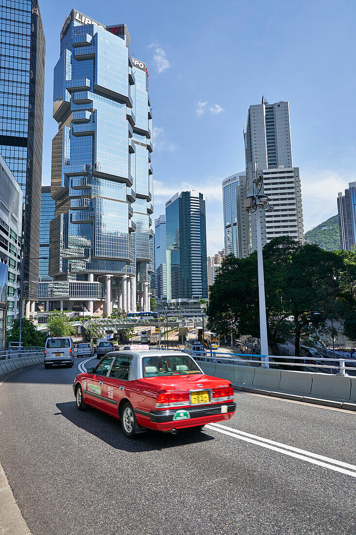 Red taxi in Central, Hong Kong Island, Hong Kong, China, Asia