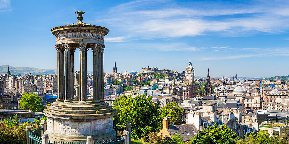 Dugald Stewart Monument, city centre and Edinburgh skyline panorama, Calton Hill, Edinburgh, Midlothian, Scotland, United Kingdom, Europe