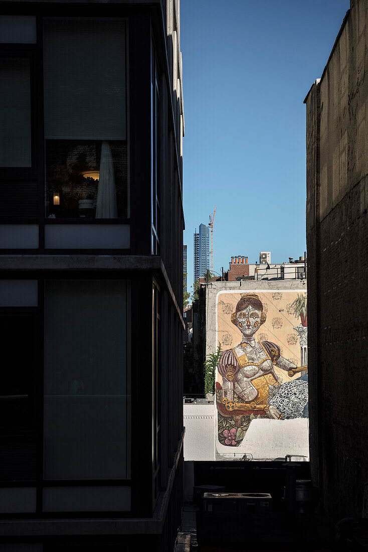 view from High Line Park towards big mural with robot, Manhattan, NYC, New York City, United States of America, USA, North America