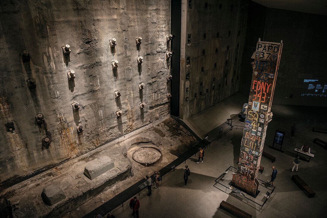 fundament of the former Twin Towers of WTC, exhibition at 9/11 Memorial, museum, Manhattan, NYC, New York City, United States of America, USA, North America