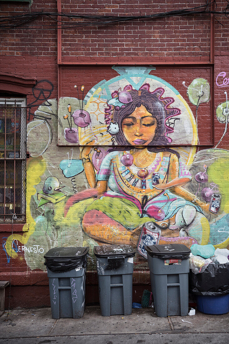 mural behind trash cans, Williamsburg, Brooklyn, NYC, New York City, United States of America, USA, North America