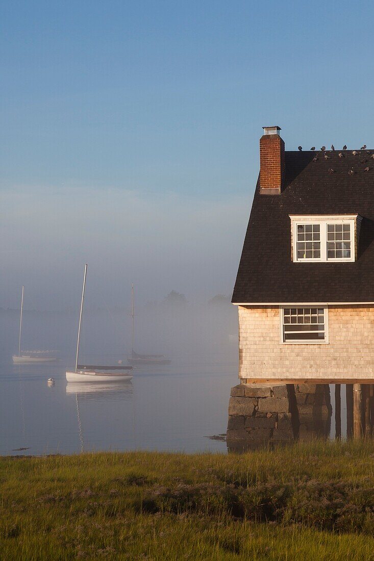 USA, Massachusetts, Cape Ann, Annisquam, Annisquam Yacht Club in summer fog.