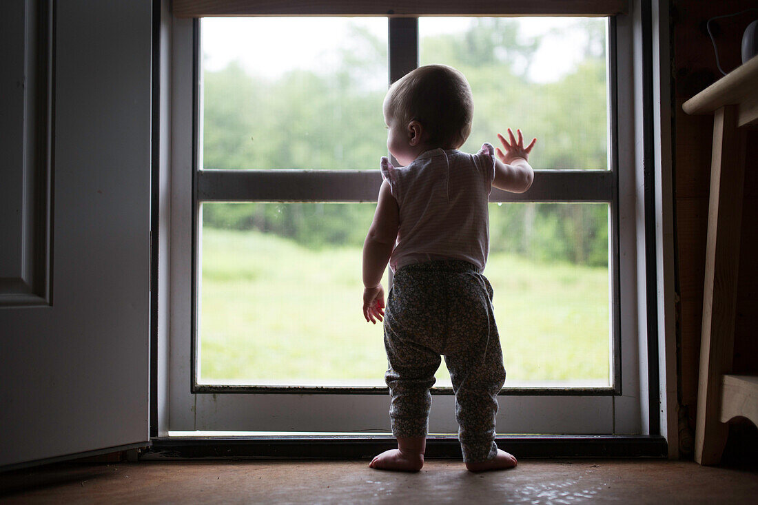 Rear View of Infant Child Standing at Screen Door