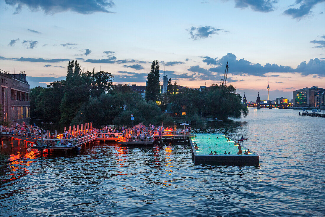 Bathing ship in River Spree at sunset, Badeschiff, Berlin, Germany