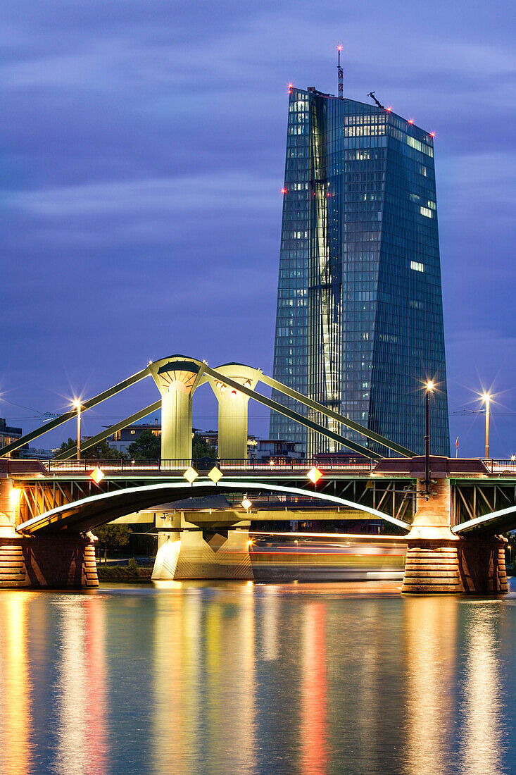 The new European Central Bank building in the east of Frankfurt, Skyline, Floesser Bridge, Twilight, Frankfurt - Main,  Germany, EZB, ECB