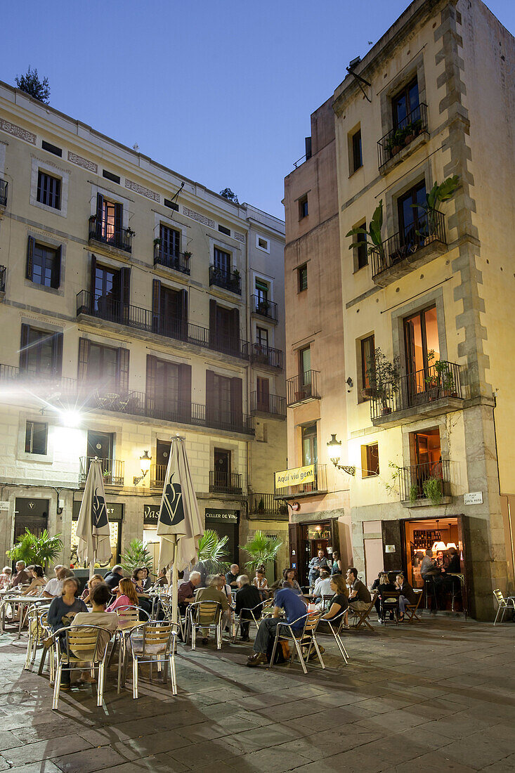 Plaza de Santa Maria street cafes in the evening La Ribera Barcelona