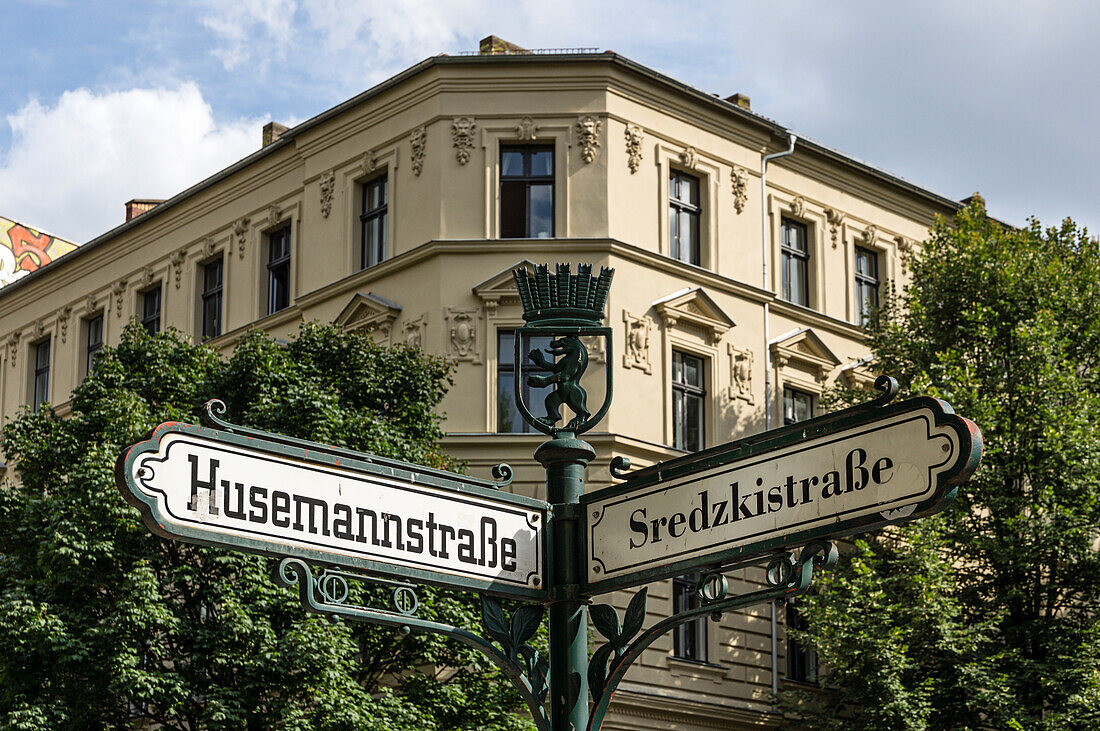 Street sign on the corner of Husemann Straße in East Berlin's Mitte district