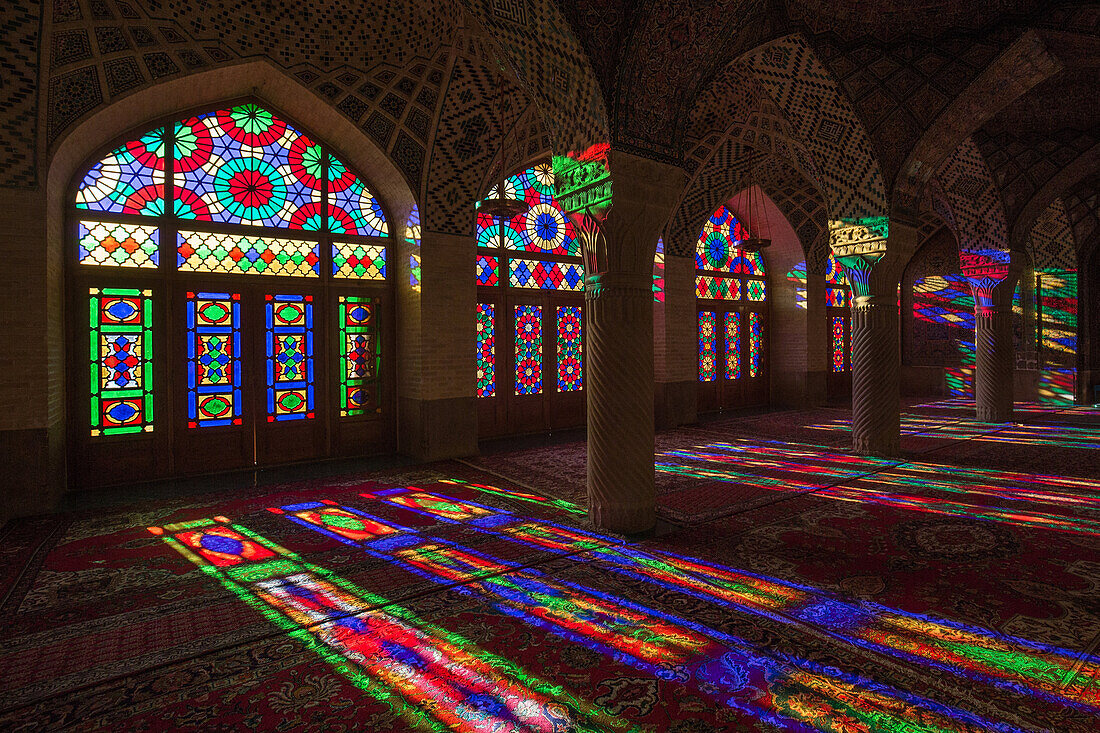 Light in Nasir ol Molk mosque, Shiraz, Iran, Asia