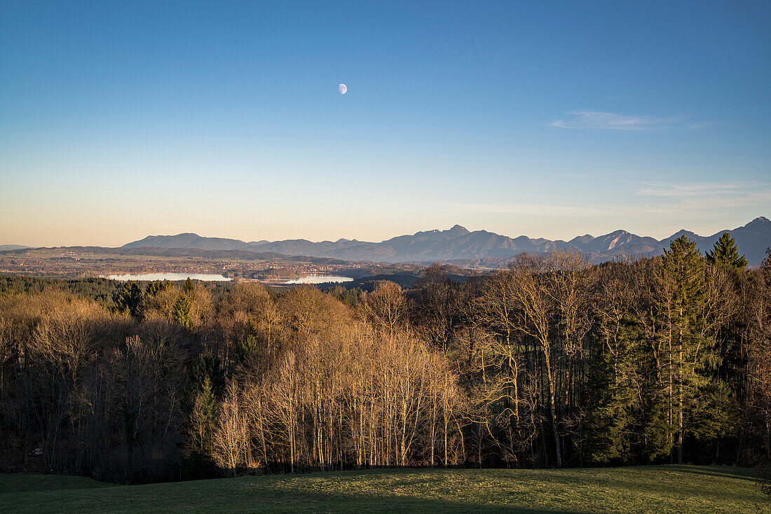 Moon over Staffelsee with view over the bavarian foothills of the Alps, Bad Kohlgrub, Upper Bavaria, Germany